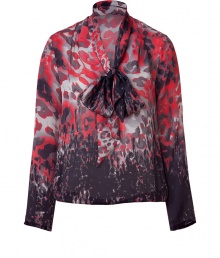 An artful take on office attire, Piazza Sempiones printed silk blouse is a chic way to wear color to work - Short stand-up collar with tie, long sleeves, pleated shoulder detail - Softly draped fit, fitted elasticized waistline - Wear with a tailored skirt, peep-toes and a statement tote