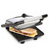 Pressed to impress. Hot, tasty grilled sandwiches are all the rage, and now they're easy to make right on your countertop! Simply place your sandwich between the two nonstick grill plates for quick, two-sided cooking with delicious results. One-year warranty. Model 13267.