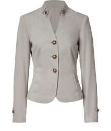 Elegant blazer in fine, platinum cotton stretch blend - Single-breasted style with three-button closure - Small stand-up collar two front pockets - Gold hardware detail at button placket and neckline - Flattering darts at bust accentuate a lean silhouette and slim waist - Shorter length crops at hips - A polished, feminine spin on masculine tailoring - Pair with a fitted t-shirt and wide-leg trousers or a longer tunic top and skinny denim