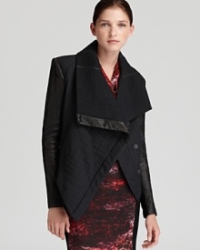 Leather trim gives an instant update to this directional Helmut Lang jacket with oversized shawl collar and zip front pockets. Lightweight for fall, it's the perfect finishing piece to office separates and date dresses alike.