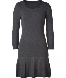 Versatile dress for the upcoming season, this knit dress goes everywhere - Made from pure Merino wool from DKNY - Features a scoop neckline, long, fitted sleeves and form-fitting silhouette - Slightly ruffled skirt begins at upper thigh, and falls above the knee - Simple, but feminine choice - Wear to the office with opaque stockings and heels or with with knee-high boots and a blazer