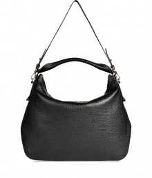 With its slouchy shape and hard-edge grainy leather, Burberry Londons convertible hobo is a sleek way to streamline your look - Top hobo strap with logo engraved metal hardware at sides, removable adjustable shoulders strap, two-way top zip, inside zippered back wall pocket, two front wall slot pockets - Wear as a cool compliment to leather jackets and jet black accessories