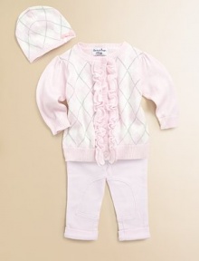 This adorable set has a frilly, ruffled placket and classic argyle print in plush cotton with matching hat for sweet style.CrewneckLong sleevesButton-frontRibbed neckline, cuffs and hemCottonMachine washImported Please note: Number of buttons may vary depending on size ordered. 