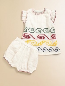 Bands of colorful embroidery decorate this charming set, finished with a whip stitch detail.CrewneckShort sleevesPullover styleMatching bloomer with elastic waist and leg openings CottonMachine washImported