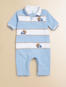 A dapper one-piece for baby in ultra-soft cotton with contrasting stripes and embroidered dumptrucks.Shirt collarShort sleevesButton frontBottom snapsCottonMachine washImported Please note: Number of buttons and snaps may vary depending on size ordered. 