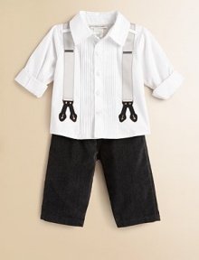 An ultra-handsome ensemble for your little man features a grown-up, button-front dress shirt and coordinating velveteen pants with attached suspenders. Shirt Shirt collarShort cuffed sleevesButton-frontPleated bodice Pants Attached suspendersElastic waistbandAngled front pocketsCottonMachine washImported Please note: Number of buttons may vary depending on size ordered. 