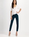 Cotton twill look has a mid rise, skinny-leg construction and a hint of stretch. THE FITMid-rise Skinny leg Rise, about 8 Inseam, about 27THE DETAILSZip fly Button closure Five-pocket style 98% cotton/2% Lycra Machine wash Made in USA of imported fabric