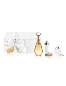 Discover the fragrance that embodies the ultimate expression of femininity and luxury. Like a bouquet of sensuality worn on the skin, J'adore reveals a luminous and precious floral bouquet, with notes of Ylang-Ylang, Rose, and Jasmine.This elegant set includes a J'adore Eau de Parfum Spray (3.4 oz.), Refillable Purse Spray (0.25 oz.), and ceramic Christian Dior Ornament in a limited edition pebbled jewel box. 