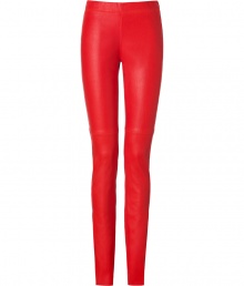 Elevate cool daytime looks with Josephs radiant red stretch lambskin leggings - Elasticized waistband, pulls on - Extra form-fitting - Wear with an oversized silk shirt and sleek suede booties