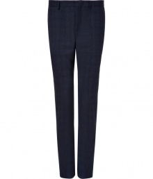 A smart pair of slim dress trousers are an essential in any wardrobe, and PS by Paul Smiths midnight blue wool pants are a modern must - Contemporary cut is slim, with flattering, leg-elongating crease detail and a subtle check pattern - Tab waist with belt loops and zip fly - Slash pockets at sides, welt pockets at rear - Polished and elegant, perfect for pairing with a button down and blazer, a cashmere pullover or a t-shirt and leather jacket