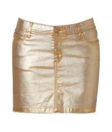 Shimmer into the new season in Faith Connexions golden cotton stretch mini-skirt, guaranteed to add a radiant edge to your outfit - Classic five-pocket style, button closure, belt loops, form-fitting - Dress down for day with oversized chunky knits and kick-around ankle boots