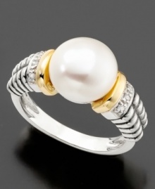 The classic enchantment of the pearl shines brightly in this beautiful 14k gold and sterling silver ring. With a freshwater pearl (10 mm) and diamond accents. Size 7.