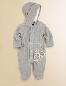 An adorable squirrel detail and Fendi logo trim make this velour footie a must-have for baby.Attached hoodFront snap closureSlash side pockets80% cotton/20% polyamideMachine washMade in Italy of imported fabric