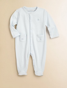 A preppy long-sleeved footed coverall in soft cotton jersey is designed with cute animal Schiffli embroidery.CrewneckLong sleevesSnap-frontFront patch pocketsBottom snapsPima cottonMachine washImported Please note: Number of buttons/snaps may vary depending on size ordered. 