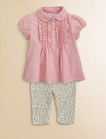 An adorable set pairs a classic oxford top with a stretch cotton floral-print legging. Shirt Club collarShort puff sleevesButton-frontPintuck bodice Pants Elastic waistbandShirt: cottonPants: 97% cotton/3% elastaneMachine washImported Please note: Number of buttons may vary depending on size ordered. 