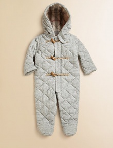 Snuggle-into warmth joins Burberry style in a cozy one-piece of soft, quilted jersey to keep your little one warm from head to toe.Hood with button neck tabStand collarHidden front zipper under toggle-and-rope placketCheck liningCottonMachine washImportedAdditional InformationKid's Apparel Size Guide 