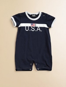 Baby will be ready for the races in this adorable one-piece Team USA tracksuit with contrasting trim and plenty of snaps for easy on and off.Crewneck with snapsShort sleevesBottom snaps90% cotton/10% spandexMachine washImported Please note: Number of snaps may vary depending on size ordered. 