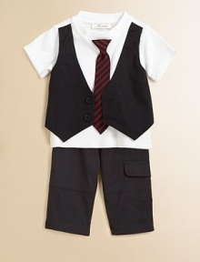 Your little boy will look like a man in this handsome two-piece set that's topped with a layered-look vest and tie. Vest Crewneck with attached tieShort sleevesVest has buttons Pants Elastic waistbandSide flap patch pocketCottonMachine washImported Please note: Number of buttons may vary depending on size ordered. 