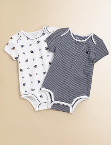 A pack of two adorable bodysuits rendered in ultra-soft printed cotton jersey.Envelope necklineShort sleevesBottom snapsPrinted tag to prevent skin irritationCottonMachine washImported Please note: Number of snaps may vary depending on size ordered. 