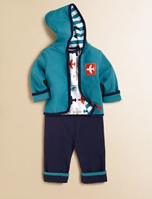 Your little jet-setter will look the part in this charming, plush cotton three-piece set adorned with airplanes for fly style. Bodysuit Envelope necklineShort sleevesBottom snaps Pants Elastic waistbandCuffed hem Jacket Attached hoodLong sleevesFull-zip frontCottonMachine washImported Please note: Number of buttons/snaps may vary depending on size ordered. 