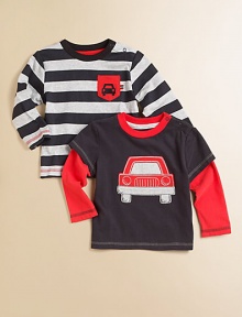 Mixing and matching made fun, this handsome two-piece gift set features a layered-look top with car appliqué and striped top with patch pocket and car embroidery for endless wardrobe possibilities.CrewneckLong sleevesShoulder snapsCottonMachine washImported Please note: Number of snaps may vary depending on size ordered. 