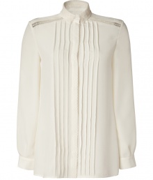 Elegant ivory blouse with lace trim - Features a small collar, pleated front, full concealed placket, and lace shoulder details - Slim, slightly tailored cut - Looks great with pencil skirt, or Marlene trousers - Pair with plateau pumps or peep toe heels