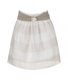 Stunning in striped ivory and stone silk, Brunello Cucinellis layered organza skirt is both modern and exquisite - Elasticized waistline, sheer striped organza top layer, white opaque under skirt, stone stretch belt with horn-effect buckle and snap closures - Full silhouette - Wear with a pristine silk or cashmere top and flawless leather flats