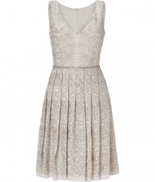 With its exquisitely embroidered lace and elegant neutral hues, Collette Dinnigans 50s style silhouette is a glamorous choice for your most festive affairs - V-neckline, thick straps, embellished waist, hidden side zip - Fitted bodice, pleated full skirt - Wear with heels and a chain-detailed handbag