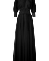 Luxurious evening gown in fine black silk - A floor length dream gown for all festive occasions - Beautiful cut with flowing, softly falling silhouette - Deep V-neck d?collet?, balloon sleeves with wide cuffs and a feminine empire waist - The skirt jumps up loosely in small folds, in a stylish to the floor length - Looks glamorous and graceful - Modern, yet timeless, you can wear this elegant gown for years and years