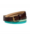 Cinch your look in style with this multicolored belt from Etro - Three-strap belt, multicolor leather, gold-tone buckle - Wear with skinny jeans or over your favorite cardigan with a pencil skirt