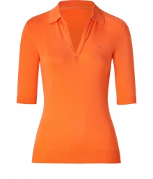 This modernized take on the classic polo injects instant chic into your casual look - Spread collar, front open half placket, three-quarter sleeves, logo detail - Style with cropped trousers, classic pumps, and a statement satchel