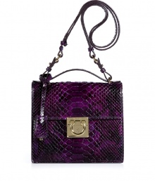 Give dressy day to evening looks an exquisitely luxurious polish with Salvatore Ferragamos rich purple python shoulder bag - Flap with hinged logo lock closure, key attached to strap, satchel handle, gold-toned logo hardware, black leather interior, zippered back wall sectional pocket - An elegant accessory destined to be a multi-season gem