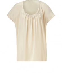 Stylish top in fine, pure pale beige silk - Super-soft, lightweight fabric drapes like a dream - Chic smocked style with short sleeves and round, gathered neckline - Gentle pleating throughout bodice - An elegant, versatile basic in a classic shade - Dress up with a cropped jacket, pencil skirt and peep toe pumps, or go for a more casual look with skinny denim and sandals