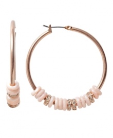 Breezy and bohemian. Fossil's shimmery hoop earrings combine a trendy rose gold tone mixed metal setting with sliding sparkling crystal beads and river shells in pretty peach hues. Approximate diameter: 1-3/4 inches.