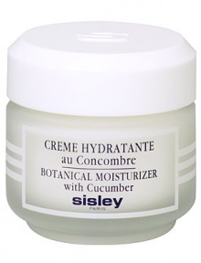 Moisturizer With Cucumber. Light-textured botanical hydrating facial cream with cucumber, perfect for everyday use. Tones, refreshes, softens and soothes normal/dry/sensitive skin while diminishing the appearance of fine lines. Skin looks radiant and feels revitalized. Imported from France. 1.5 oz. 