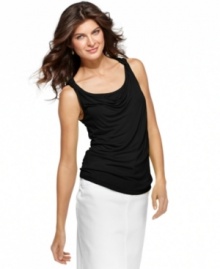 Add a chic touch to casual days with Jones New York Signature's cowl-neck tank top. Pair it with a slim denim skirt in a bright white wash to complete the ensemble!