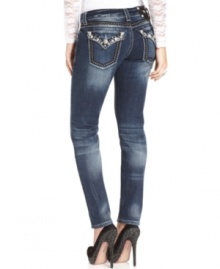 Rhinestones and sequins add glam to these Miss Me skinny jeans -- perfect for sparkly eye-catching appeal!