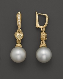 Freshwater pearl drop earrings with heart-shaped canary crystal and pave diamond accents. By Judith Ripka.