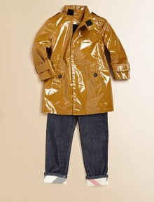 Shiny and sturdy, this versatile raincoat will help him battle the elements in style.Stand-up collar with grip-tape closureLong sleeves with grip-tape cuff detailEpaulettes on shouldersGrip-tape front closureAngled front pockets with buttonsBack vented hem60% cotton/40% polyurethaneDry cleanImported