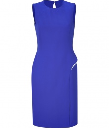 Make an electric debut at cocktail hour in Versaces exquisitely bright blue sheath, tailored to perfection with a single sculptural peplum - Rounded neckline, sleeveless, cut-out with button closure at the nape, hidden back zip, tailored fit - Pair with statement accessories and a dusting of fine jewelry