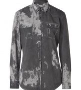 Edgy and ultra modern, Each Others dark grey destroyed denim shirt guarantees a unique finish to your Downtown look - Classic collar, long sleeves, snapped cuffs, snapped front, patch pockets, shirttail hemline - Contemporary straight fit - Wear with edgy skinnies and chunky lace-up biker boots