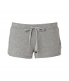 Stylish shorts in fine heather grey stretch modal - Short mini length is sexy but comfortable - Drawstring waist with heart charms on the ties and decorative lace trim - A great lounge basic with a tee, tank or cut-off sweatshirt