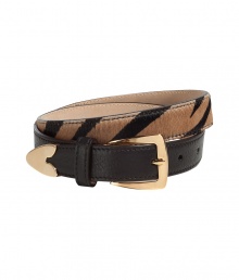 Luxurious belt made ​.​.of fine calfskin - Fashionable zebra look in brown and natural - Cut narrow and simple with an elegant, gold-colored buckle - A top accessory you can wear in many ways: over tunics and dresses (accentuates the waist), with the new wide flared pants (focuses on the hips)