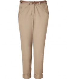 These hacienda pants offer a lighthearted take on classic preppy style - Made of casual, coffee-colored cotton, the pants features a narrow leg with cuffs, side and back pockets and decorative darts - Elegant, thin belt -  Pair with billowy blouse, blazer and high heels, or relaxed, with a v-neck cotton tee and leather thongs