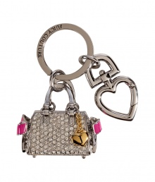 Work a girly edge into your chic accessories collection with Juicy Coutures shimmering purse and heart key fob - Crystal embellished purse charm with pink enamel side detail and gold-toned heart charm, heart-shaped clip charm, engraved logo on key ring - Carry alone with keys, or wear clipped to your handbag for a petite dose of luxe