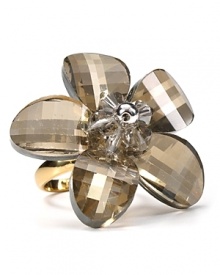 Bold and brilliant, this flower-shaped cocktail ring flaunts translucent black faceted glass, for dramatic style that adds pop to any outfit, from jeans to a little black dress. By kate spade new york.