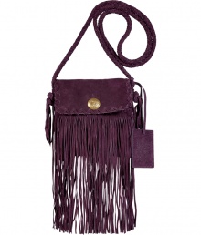 Work a note of retro-chic into your casual daytime look with Ralph Lauren Collections suede fringed crossbody bag - Flap-over with engraved flower closure, laced trim, knotted sides, luggage tag, inside back wall pocket - Wear with casual looks for running errands, or dress up for cocktails with sheaths and ankle boots