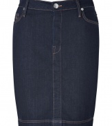 Build the foundations of your layering basics with True Religions dark wash denim pencil skirt, detailed with just the right amount of stretch for an ultra flattering fit - Classic five-pocket style, button closure, belt loops, kick pleat - Form-fitting, straight cut - Team with cool knits and flats, or dress up for work with oversized blazers and platform ankle boots