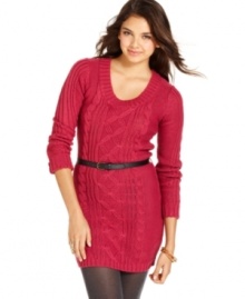 A sweater dress with timeless charm, this cable-knit design from Pink Rose sports a cute belt for curve-defining style.