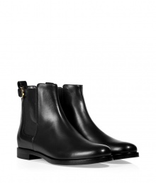 Upgrade your casual-cool ensembles with these luxe leather flat ankle boots from Sergio Rossi - Round toe, elasticized side panels, ankle length, buckle detail, back pull-on tab - Wear with cropped trousers or jeans and a cashmere pullover